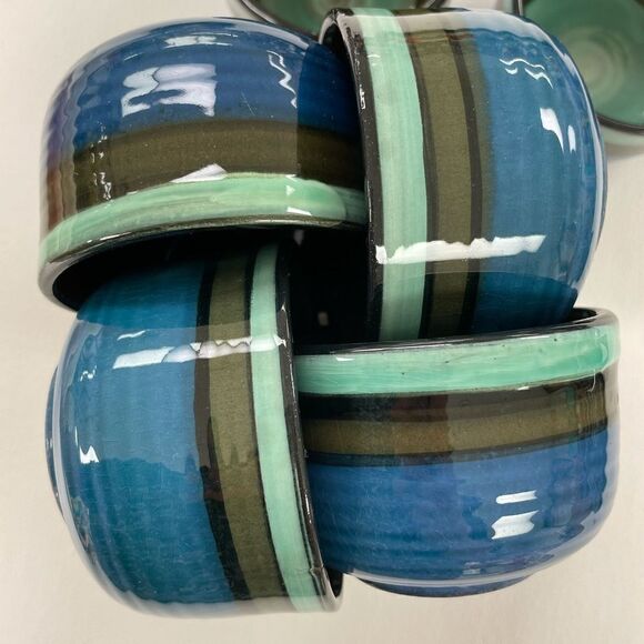 Waku West Germany set of 6 cups and saucers 1960s teal green violet stripes - Picture 5 of 6